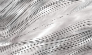 穏やかな曲線が流れる灰色の背景の中央に、涙が流れる目と口だけが描かれたイラスト。