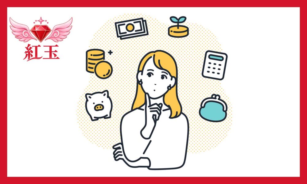中央の人物 女性の様子: 金髪の女性が人差し指をあごにあて、上を見つめながら何かを考えている(悩んでいる)様子が描かれています。 周りのアイコン(お金や資産運用に関連するイラスト) 女性の周囲を囲むように、以下の6つのアイコンが配置されています。 ブタの貯金箱: 節約や貯蓄を象徴 積み上がった硬貨: 資産の積み上げや増加を象徴 紙幣: 現金や収入を象徴 コインから芽が出ている鉢植え: 投資や資産の成長(資産運用)を象徴 電卓: 家計管理や計算、見直しを象徴 がま口財布: 日常の支出や財布事情を象徴 左上のロゴマーク ロゴ: ピンクの羽が生えた赤い宝石(ルビー/紅玉)のイラストの下に、赤字で「紅玉」と書かれています。 全体として、「お金の管理や資産運用、将来の家計について考えている女性」を表現したイラストです。