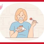 この画像は、ケーキを食べたい気持ちを必死に抑えようと食事制限（ダイエット）に励む人物の葛藤を描いたイラストです。 描かれている主な要素 中央の人物：青いシャツを着た人物が、口に「×」の形でテープを貼られ、困惑・我慢しているような表情を浮かべています。 食べ物：手にショートケーキが乗った皿を持ち、反対の手にはフォークで一口分すくったケーキ（またはトッピングのチェリー）を持っています。 背景：キッチンのような室内がシンプルな線画で描かれています。