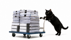 黒猫が仕事の書類を運んでいる画像