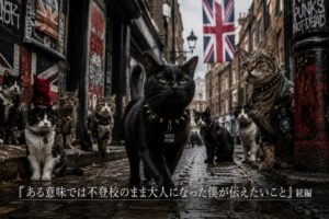 黒猫が街のストリートを堂々と歩いている画像