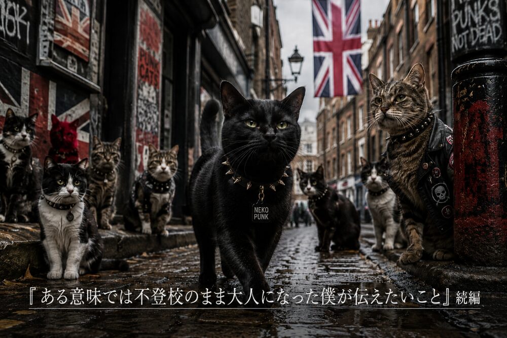 黒猫が街のストリートを堂々と歩いている画像