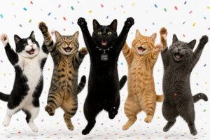 ねこたちがバンザイして騒いでいる画像