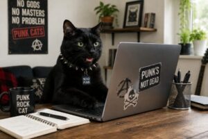 在宅ワークをしている黒猫