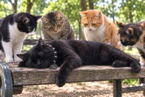 公園でベンチでクタクタになって寝ている黒猫