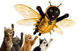 黒猫が金ピカのコガネムシの着ぐるみを着て空を飛んでいる画像