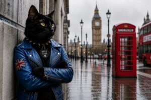 イギリスのストリートで革ジャンを着て佇んでいる黒猫