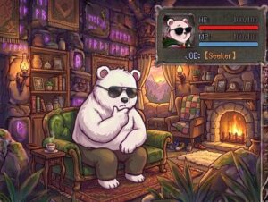 RPGのダンジョン風な石壁と温かみのあるインテリアが混ざり合った部屋で、緑のズボンを穿き、サングラスをかけた大柄なシロクマが、緑のソファに深く腰掛けています。シロクマは右肘を膝につき、右手で顎を触りながら、眉間にシワを寄せて真剣な表情で思索に耽っています。傍らのサイドテーブルには湯気が立つカップが置かれ、部屋の奥には暖炉の火が薪を燃やし、本棚や丸窓が並んでいます。画面右上には、HPやMPのステータスバーと「JOB: [Seeker]」と書かれた、クラシックなRPGゲームのUIフレームが配置されています。