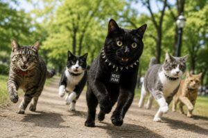 公園を走っている猫たち