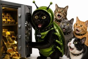 コガネムシの着ぐるみをきた黒猫が金庫を開けると金塊が入っていて驚いている画像