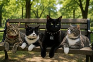 公園のベンチでくつろぐ猫たち