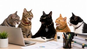 黒猫と仲間達が仕事場で意見交換している画像