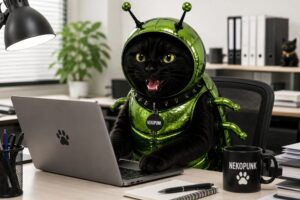 黒猫がコガネムシの着ぐるみを着て仕事をしている画像
