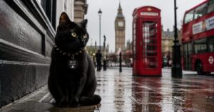 イギリスのストリートで佇んでいる黒猫