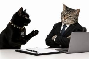 黒猫が自分のことについて会社の上司に説明している