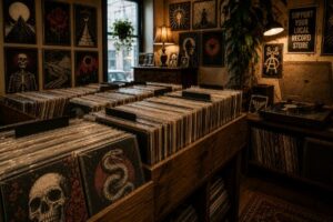 レコードショプの商品棚と店内の様子