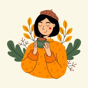 草花を背景に、黄色のベレー帽をかぶった女性がコーヒーを両手に持ち、微笑む姿