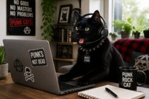 ヘッドセットをつけてチャットしている黒猫