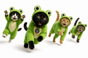 ねこ達がカエルの着ぐるみを着て走り回っている画像