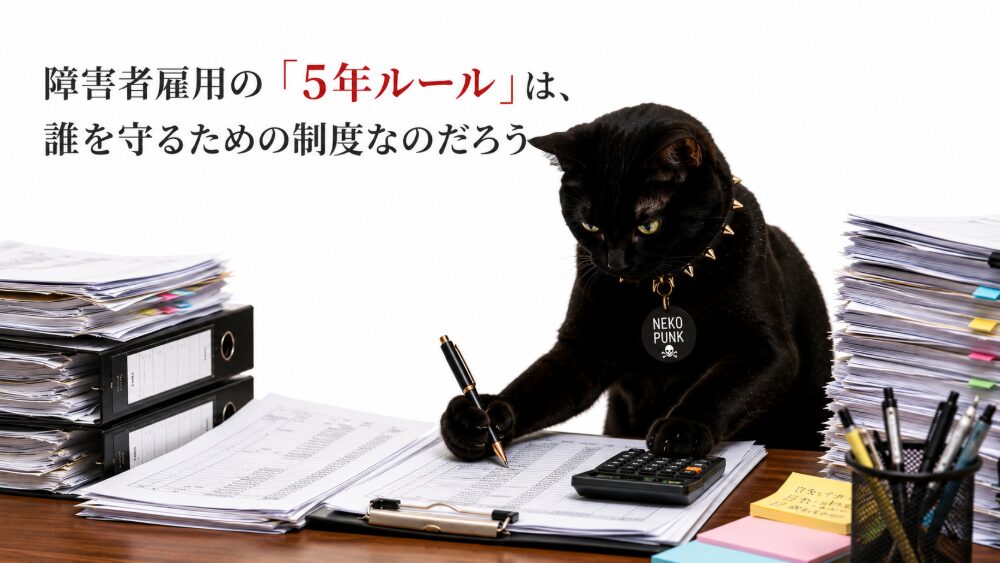 障害者雇用の「5年ルール」について考えている黒猫の画像