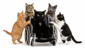 車椅子に乗った黒猫を仲間達が介護している画像