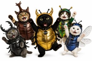 猫たちが色々な虫の着ぐるみを着て騒いでる画像