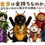 猫たちがコガネムシの着ぐるみを着て騒いでいる画像