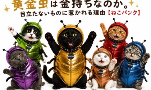 猫たちがコガネムシの着ぐるみを着て騒いでいる画像
