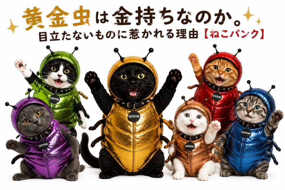 猫たちがコガネムシの着ぐるみを着て騒いでいる画像