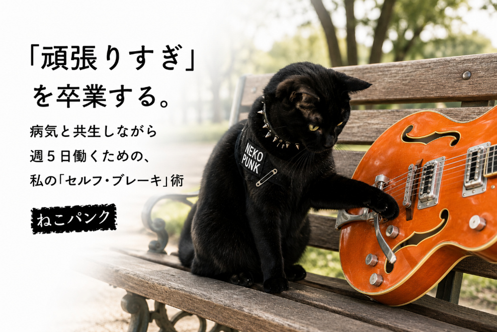 公園のベンチでギターを触っている黒猫