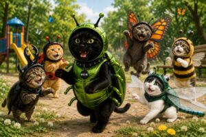 猫たちが色々な虫の着ぐるみを着て公園で遊んでいる画像