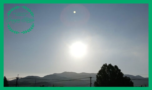 山並みと木々の向こうから明るい太陽が昇る様子
