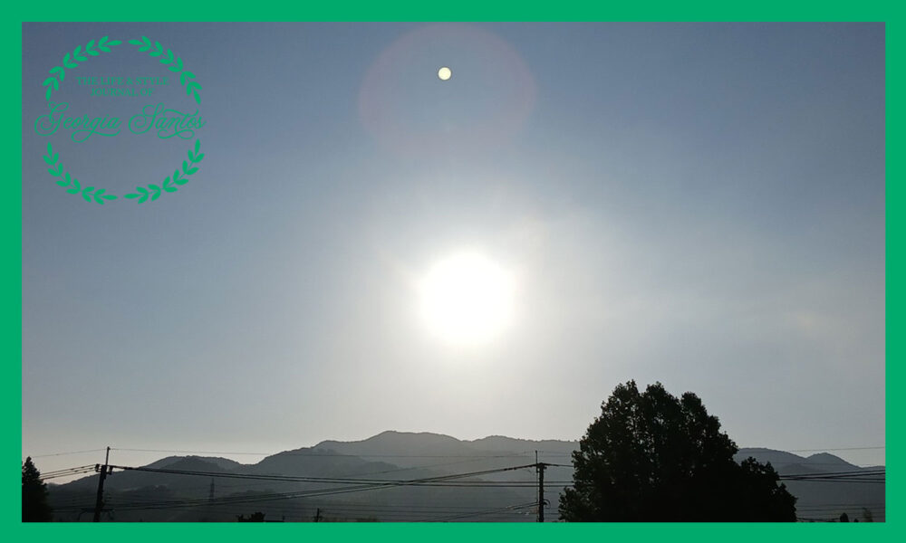 山並みと木々の向こうから明るい太陽が昇る様子