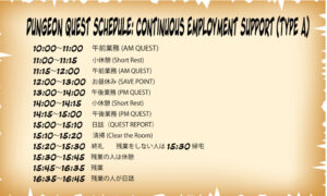 羊皮紙の巻物を背景にした「DUNGEON QUEST SCHEDULE: CONTINUOUS EMPLOYMENT SUPPORT (TYPE A)（就労継続支援A型ダンクエスト・スケジュール）」の表。内容は以下の通り：10:00〜11:00 午前業務（AM QUEST）、11:00〜11:15 小休憩（Short Rest）、11:15〜12:00 午前業務（AM QUEST）、12:00〜13:00 お昼休み（SAVE POINT）、13:00〜14:00 午後業務（PM QUEST）、14:00〜14:15 小休憩（Short Rest）、14:15〜15:00 午後業務（PM QUEST）、15:00〜15:10 日誌（QUEST REPORT）、15:10〜15:20 清掃（Clear the Room）、15:20〜15:30 終礼（残業をしない人は15:30帰宅）、15:30〜15:45 残業の人は休憩、15:45〜16:35 残業、16:35〜16:45 残業の人が日誌