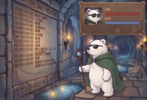 ファンタジーRPG風のダンジョン内を描いたイラスト。画面中央には、サングラスをかけ、緑のマントを羽織り、魔法の杖を持った二足歩行のシロクマの冒険者が立っている。シロクマは、松明の灯りが揺れる氷の洞窟のような通路にいる。 画面左側の巨大な石壁には、日本語で「DAILY ROUTINE（日課）」という見出しとともに、分単位のタイムスケジュールがびっしりと刻まれている。スケジュールは10:00から16:45まであり、「朝礼＋業務」「業務」「お昼休み」「小休憩」「日誌」「清掃」「終礼（残業をしない人は15:30帰宅）」「残業の人は休憩」「残業」「残業の人が日誌を書く（残業の人は16:45に帰宅）」といった項目が記されている。 画面右上の角には、木枠で囲まれたキャラクターのステータスウィンドウがあり、サングラスをかけたシロクマのポートレートと、赤い「HP」バー、青い「MP」バーが表示されている。 足元には氷が張った水たまりがあり、洞窟の奥へと通路が続いている。全体的にコミカルでありながら、設定が書き込まれたイラストである。