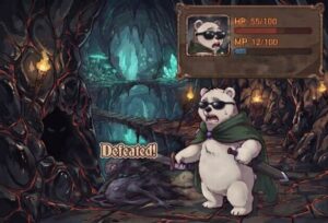 洞窟のダンジョン内で、サングラスをかけた怯えた表情のシロクマの冒険者が剣を構え、その足元には倒されたモンスターと「Defeated!」の文字が表示されている RPG風の画面。画面右上にはHPとMPのステータスが表示されている。
