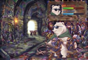 古代遺跡の通路を背景にしたRPGゲームのキャラクター画面。中央に立つサングラスとマント姿のシロクマと2人のドワーフのパーティーが描かれている。遠くの出口には他の冒険者の姿があり、右上のステータスウィンドウにはシロクマのHPとMPが表示されている。一人のドワーフはシロクマの背中を押している。出口ではシロクマたちを迎える仲間がいる