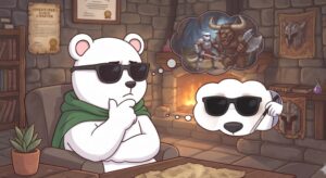 冒険者ギルドの酒場にいるシロクマのイラスト。シロクマはサングラスをかけ、緑のマントを羽織ってソファに座り、考え事をしている。右側には2つの思考の泡が浮かんでいる。上段の泡の中では、鎧を着たシロクマが巨大な牛のモンスターと戦っている。下段の泡は、サングラスをかけたシロクマの顔のクローズアップで、小さな白杖を持っている。背景には、暖炉、壁に掛けられた盾、そして古い地図がある。