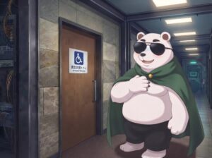サングラスをかけたシロクマの冒険者が、緑のマントと黒いショートパンツを着用し、日本のオフィスフロアの廊下で、男女共用トイレのドアの前に立っている。