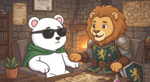 石造りの暖炉がある中世風の部屋で、ソファに座る二匹の擬人化された動物が描かれている。彼らの前には木のテーブルがあり、その上に地図と盾が置かれている。左側にいるのはシロクマで、サングラスをかけ、緑のマントを羽織っている。右側にいるのはライオンで、鎖帷子と紋章の入った緑のチュニックを着用しており、鎧の手でシロクマの手を握っている。
