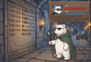 ファンタジーダンジョンの通路を描いたイラスト。中央に二足歩行のシロクマの冒険者が立っている。シロクマは黒いサングラスをかけ、緑のマントを羽織り、魔法の杖を持っている。シロクマは右を向いており、その視線の先にある石壁には、現代日本の会社員の勤務体系をパロディ化したタイムスケジュールが刻まれている。 スケジュールは日本語と英語で以下のように書かれている: 10:00〜12:00 午前業務 (AM QUEST) 12:00〜13:00 昼休み (SAVE POINT) 13:00〜16:00 午後業務 (PM QUEST) 16:00〜16:30 業務ミーティング (PARTY MEETING) 16:30〜17:00 業務日誌 (QUEST Log) 17:00〜 帰宅 (RETURN) 壁の奥には、松明に照らされた別の冒険者のパーティーが小さく見え、通路が続いている。 画面右上の角には、木枠で囲まれたキャラクターのステータスウィンドウがある。ここには、サングラスをかけたシロクマのポートレート、そして赤い「HP」バーと青い「MP」バーが表示されている。全体的に、薄暗いダンジョンの雰囲気イラストとなっている。