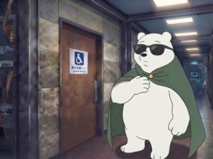 サングラスをかけたシロクマの冒険者が、緑のマントと黒いショートパンツを着用し、日本のオフィスフロアの廊下で、男女共用トイレのドアの前に立っている。
