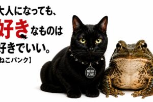黒猫とカエルが並んでいる画像