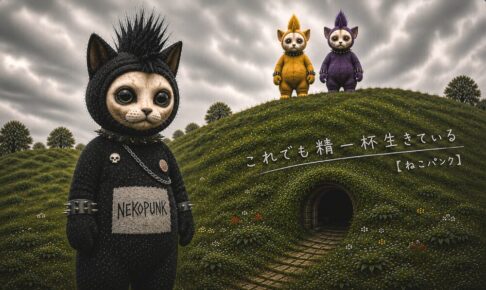 穴倉の前で佇むねこパンクと遠くから見守る仲間達