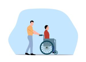 車イスに乗っている男性とその車イスを押している男性