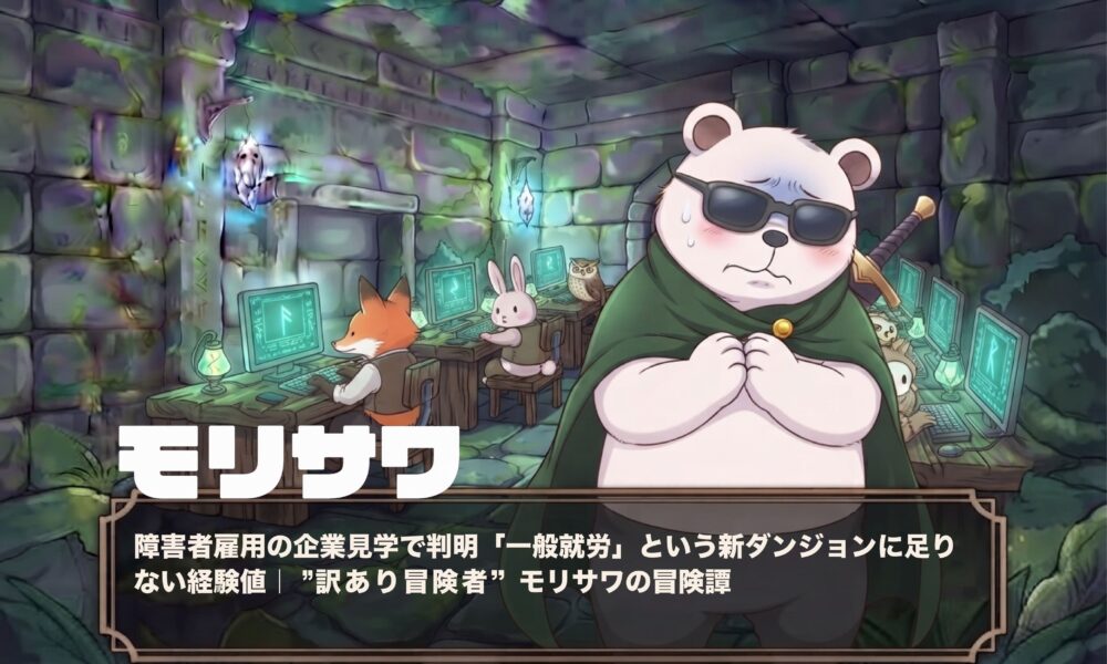 サングラスをかけた不安げなシロクマの冒険者と、ダンジョン内のオフィスでパソコン作業をする動物たちのスタッフを描いた、RPG風の画像。画面下部には白文字で「モリサワ」と文字があり、その下に「障害者雇用の企業見学で判明「一般就労」という新ダンジョンに足りない経験値｜”訳あり冒険者”モリサワの冒険譚」と書かれたテキストボックスがある