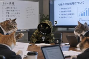 仕事の打ち合わせで内容がいまいち分からずに困っている黒猫
