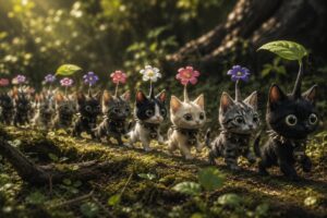 ねこたちが森の中を行進している画像