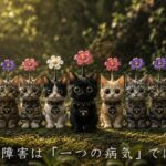 ねこたちが森の中で一列に整列している画像