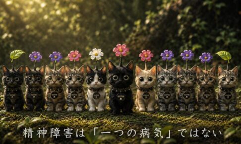 ねこたちが森の中で一列に整列している画像